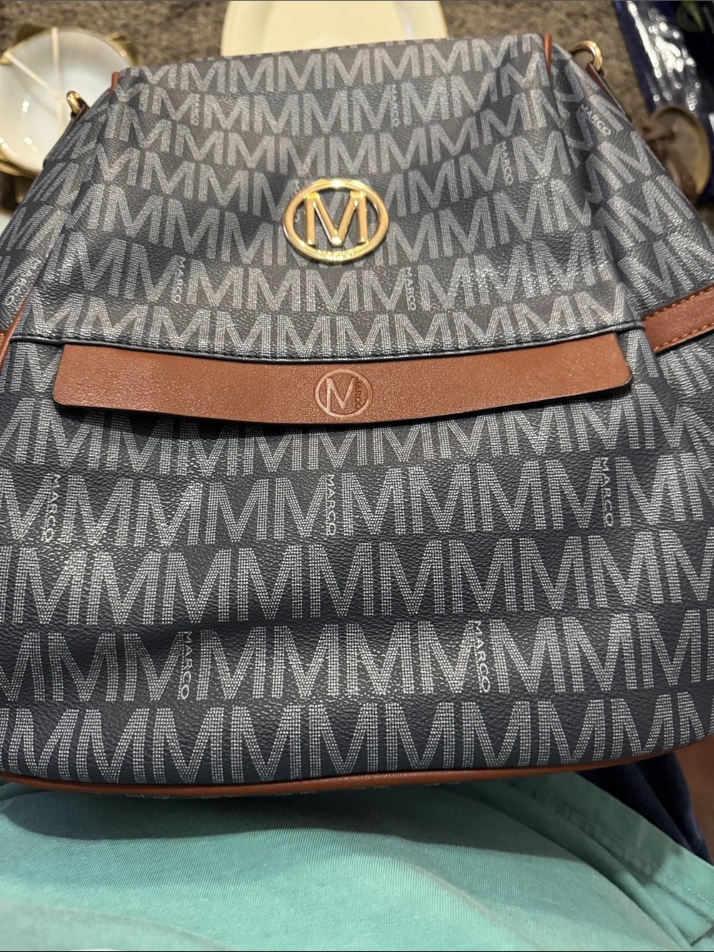 Gray Monogram Backpack with Brown Trim and Gold Logo